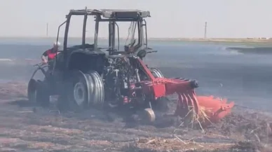 O ilde traktör alevlere teslim oldu. 300 dönüm buğday tarlası yanarak kül oldu!
