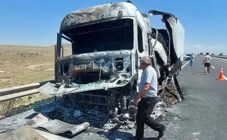 Konya’da sebze yüklü tır alevlere teslim oldu